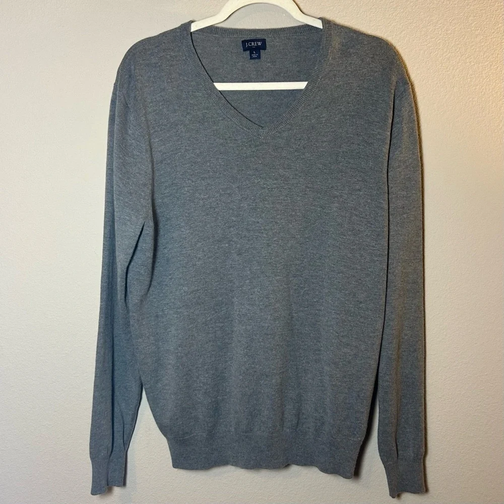 J Crew MensLarge Grey Merino Wool Blend Sweater VNeck LongSleeve Preppy OldMoney